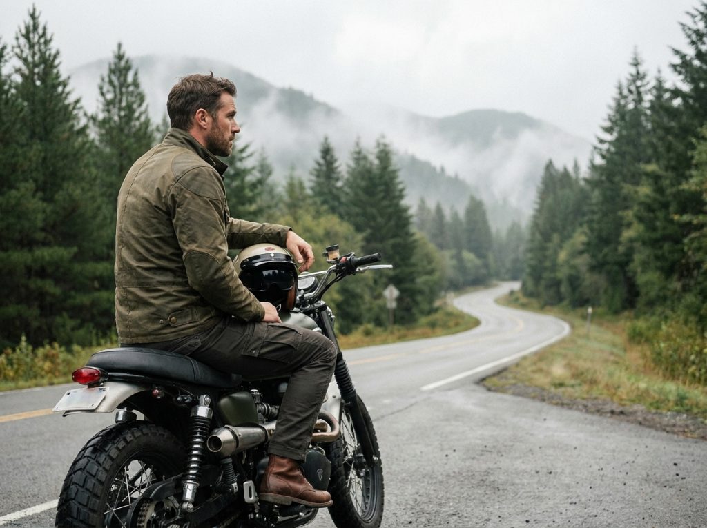 Homme motard en veste canvas ciré olive tenant un casque jet vintage assis sur un scrambler sur une route de montagne boisée