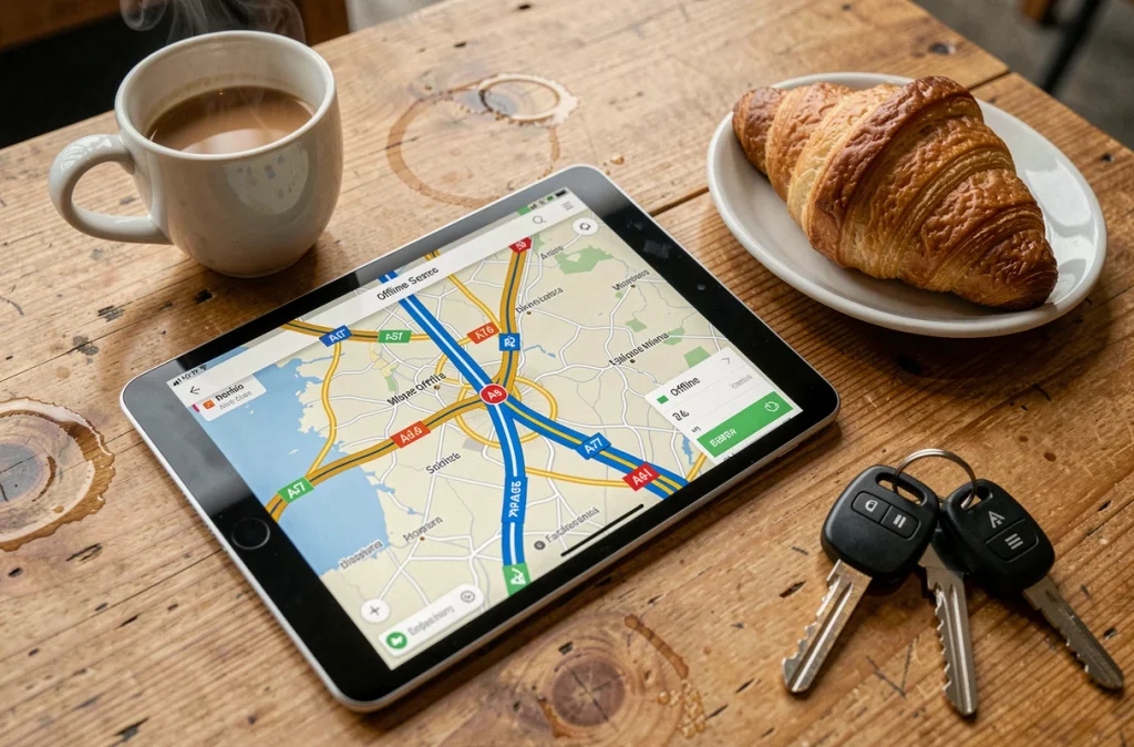 Vue aérienne d'une tablette affichant une carte GPS hors ligne des autoroutes françaises posée sur une table de café d'aire d'autoroute