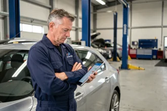 Technicien automobile consultant une interface de gestion de service numérique dans un garage professionnel moderne