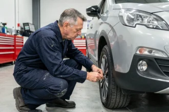 Technicien automobile inspectant une Peugeot 3008 lors d'une campagne de rappel en atelier concessionnaire