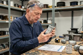 Technicien électricien lisant les références d'un condensateur moteur dans un atelier d'électricité