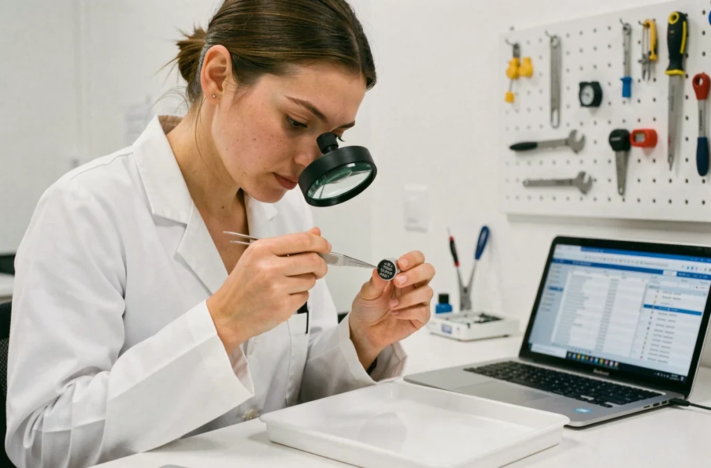Technicienne en laboratoire électronique utilisant une loupe pour déchiffrer les références d'un condensateur moteur