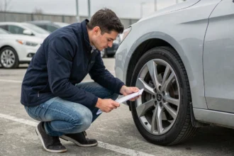 Jeune homme inspectant les pneus d'une voiture avec une fiche de vérification du permis de conduire à la main dans un parking urbain