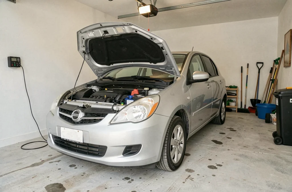 Voiture garée au garage avec un chargeur de maintien branché sur la batterie sous le capot ouvert