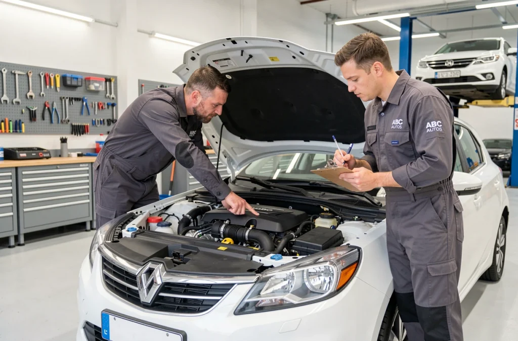 Deux mécaniciens ABC Autos collaborant sur le moteur d'une voiture blanche en atelier moderne