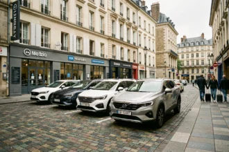 Rangée de voitures de location devant une agence dans la Loire, avec l'architecture française typique en arrière-plan