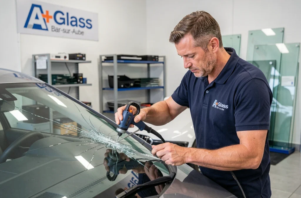 Technicien réparant un pare-brise chez A+Glass Bar-sur-Aube