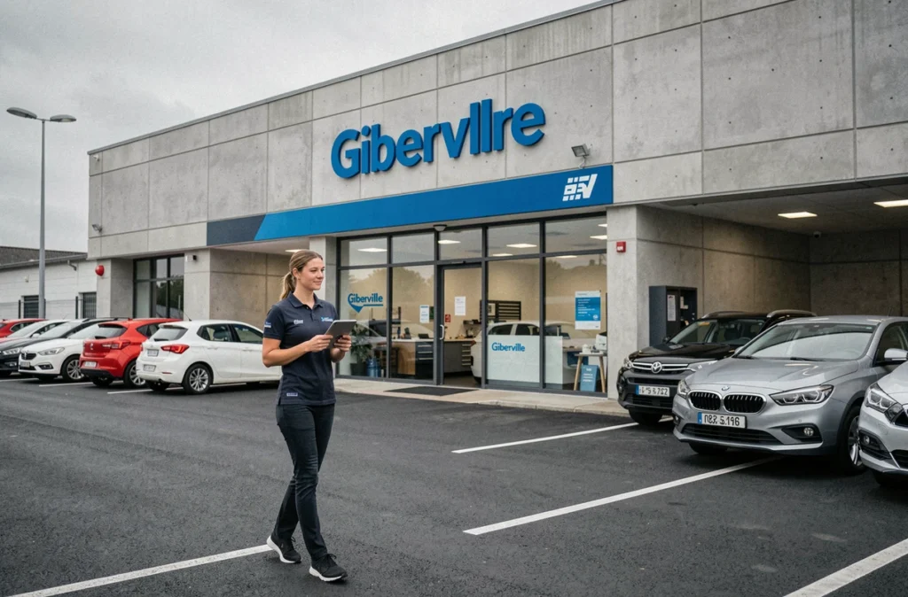 Centre automobile ASL Giberville avec conseillère commerciale dans le parking organisé