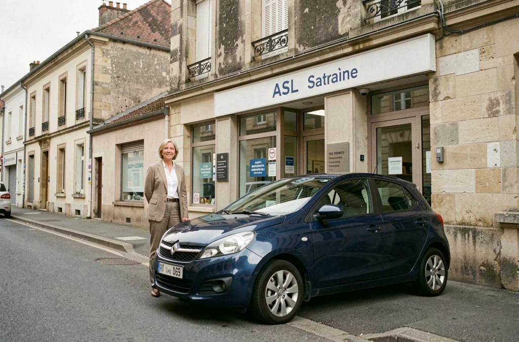Agence ASL Saint-Etienne avec une employée posant près d'un véhicule de location compact