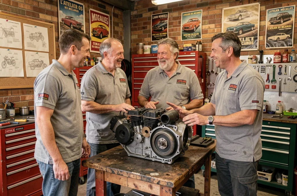 Équipe de mécaniciens de L'Atelier des Mécanos à Colombelles autour d'un moteur en discussion conviviale
