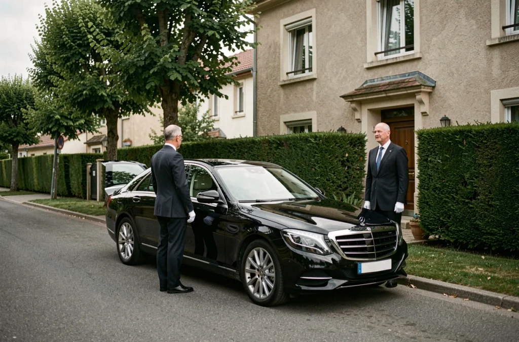 Chauffeur en costume sombre tenant la portière d'une berline noire pour le service Automobile Transport Cérémonial à Sorbiers