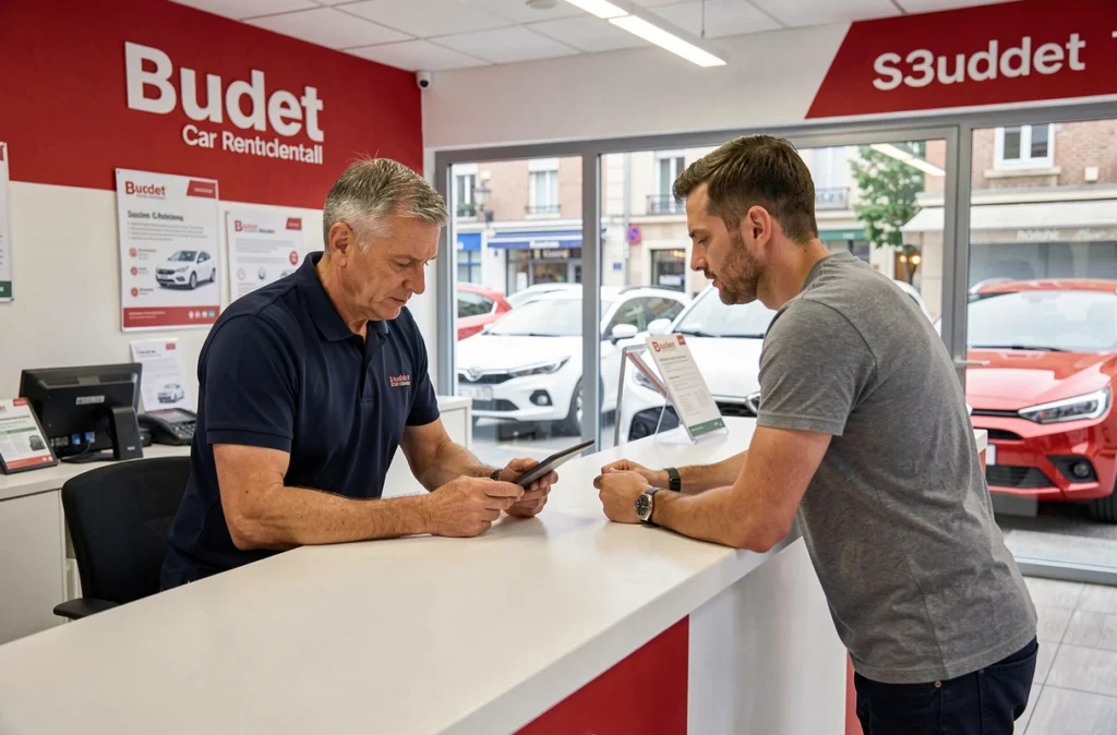 Comptoir de location Budget Saint-Etienne Ville avec un agent et un client signant un contrat
