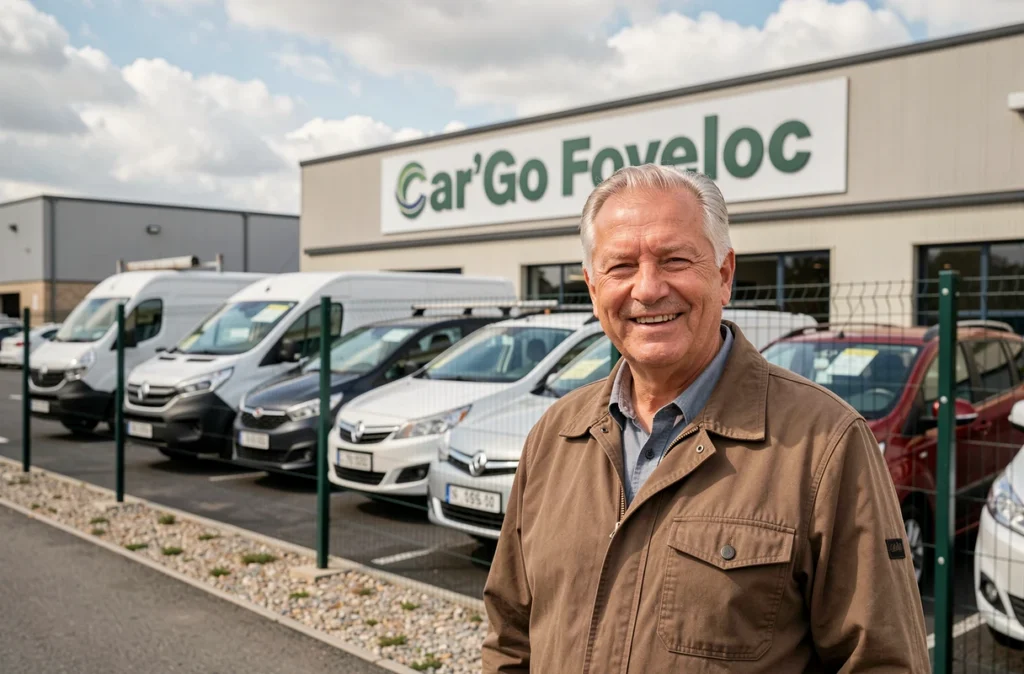 Gérant de l'agence Car'Go Foveloc Saint-Etienne devant une rangée de véhicules utilitaires et particuliers