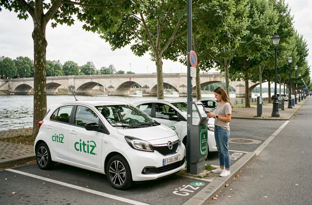 Station Citiz Val de Loire avec des véhicules en autopartage garés au bord de la Loire, une utilisatrice déverrouillant la voiture via smartphone