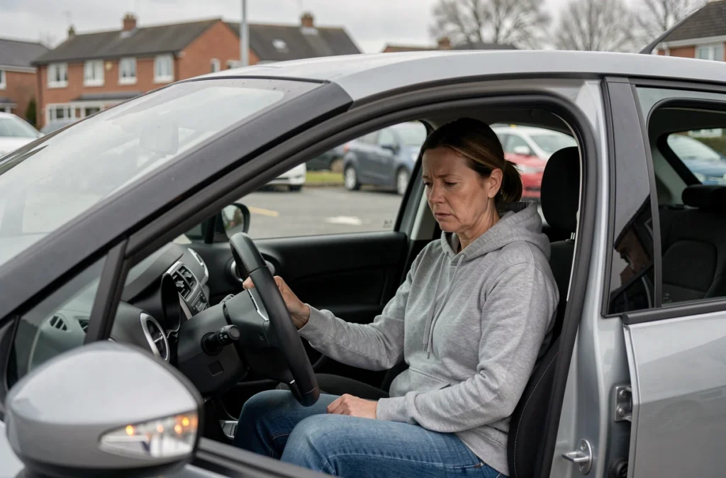 Conductrice perplexe face à un voyant qui reste allumé sur le tableau de bord de sa Citroën C3 sur un parking