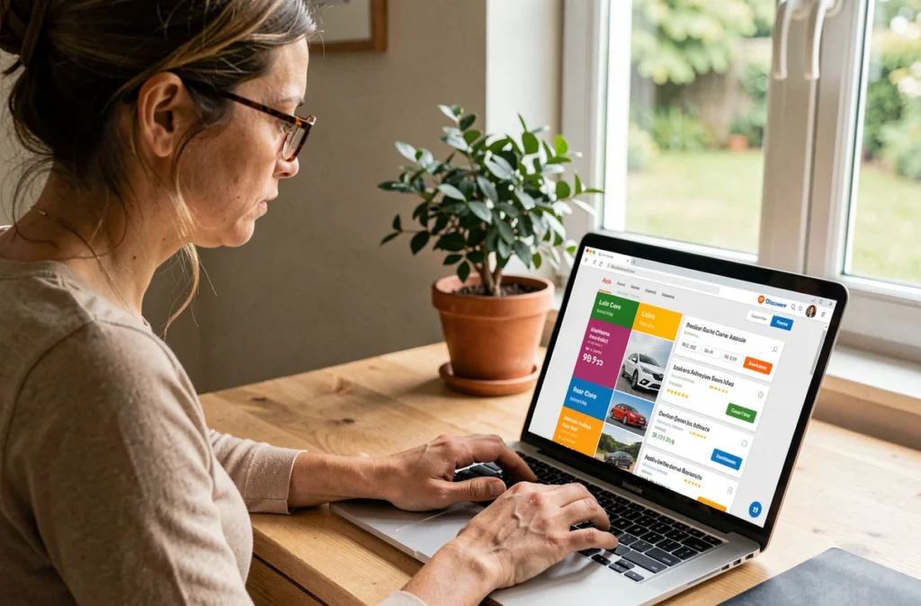 Femme comparant des offres de location de voitures sur le site DiscoverCars pour la Loire depuis son bureau à domicile
