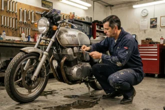Mécanicien inspectant le moteur d'une Honda CB750 dans un atelier de réparation moto indépendant