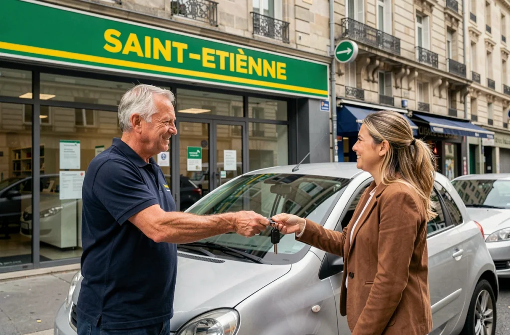 Agence Europcar à Saint-Etienne avec un employé remettant les clés d'un véhicule à une cliente