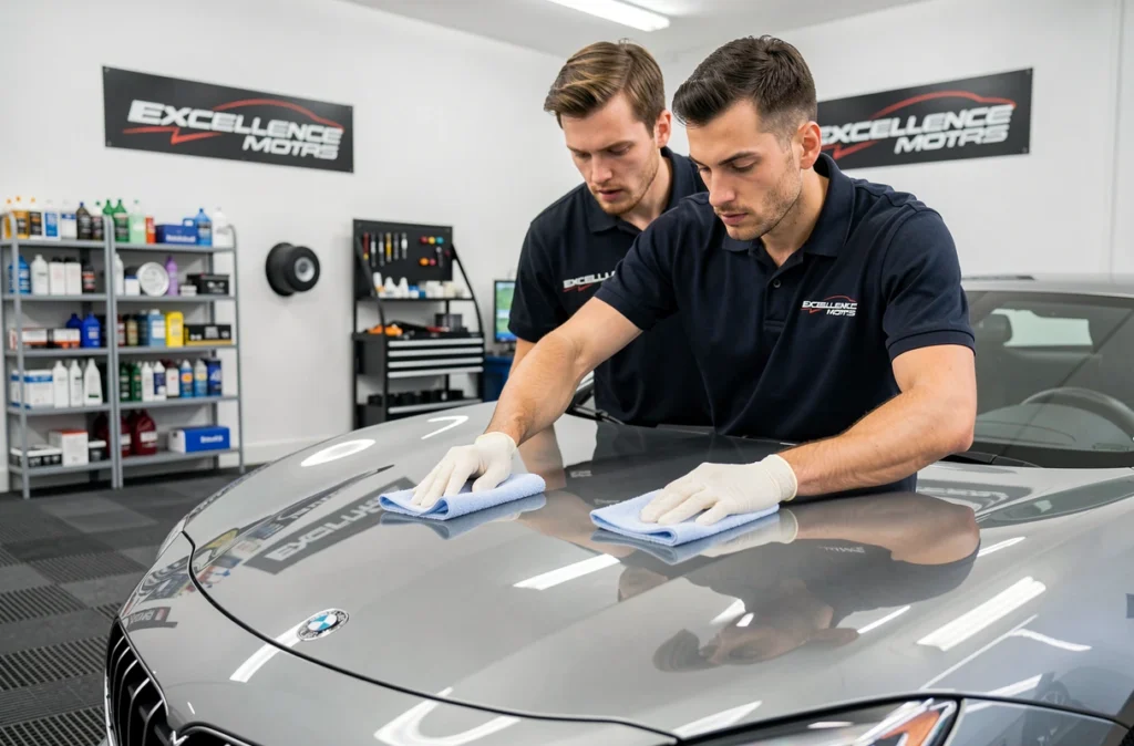 Spécialiste du detailing polissant une voiture de luxe chez Excellence Motors