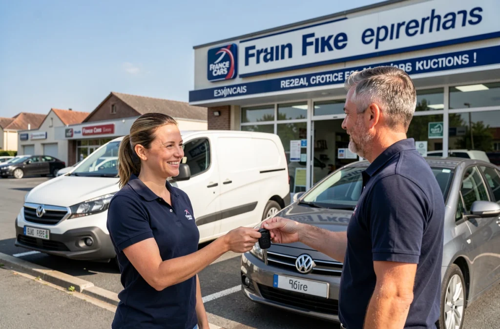 Employée France Cars remettant les clés d'un véhicule à un client devant l'agence dans la Loire