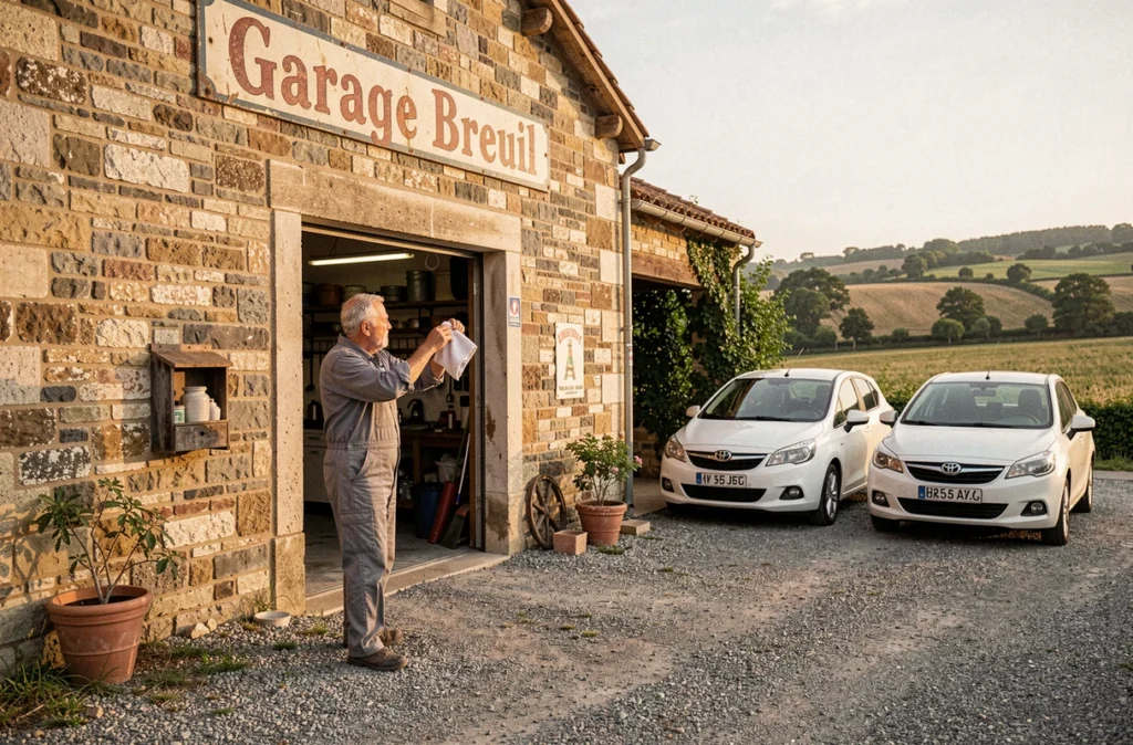 Propriétaire du Garage Breuil en salopette devant son établissement avec des voitures de location dans la Loire