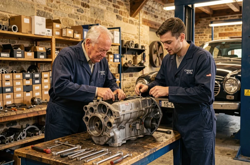 Père et fils mécaniciens du Garage Crapart et Fils à Caen travaillant ensemble sur un moteur