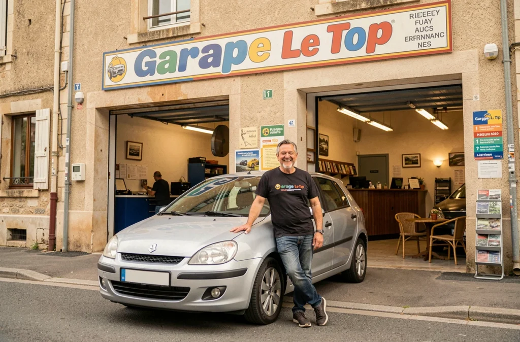 Propriétaire du Garage Le Top posant devant son atelier dans l'Aube
