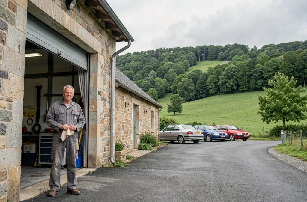 Garage de la Suisse Normande à Clécy avec son cadre verdoyant et mécanicien devant l'atelier