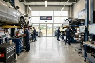 Vue panoramique d'un garage automobile professionnel dans l'Aube avec mécaniciens au travail