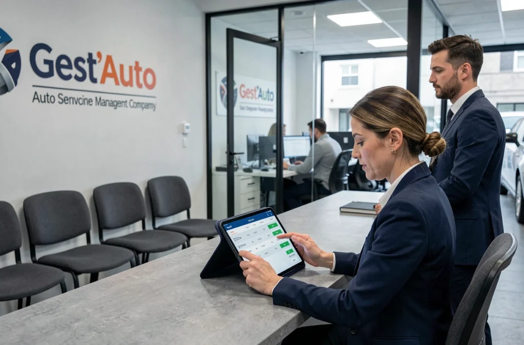 Responsable administrative chez Gest'Auto accueillant un client au bureau de réception