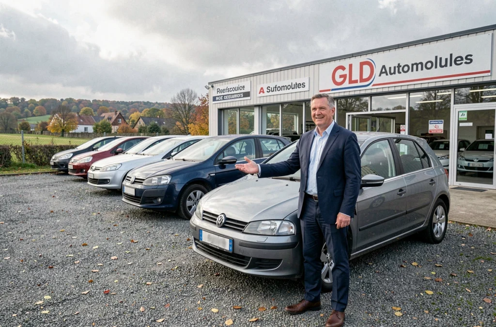 Vendeur présentant des véhicules d'occasion sur le parc de GLD Automobiles