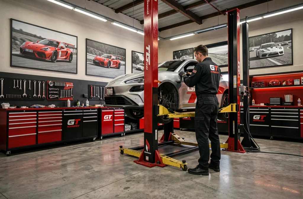 Technicien GT Normandy travaillant sur une voiture de sport dans un atelier au style motorsport