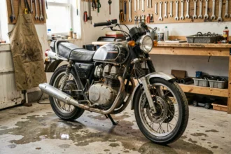 Honda XL 500 garée dans un garage d'entretien avec des outils de mécanique posés sur un établi en bois