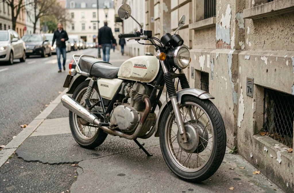Honda XL 500 garée en ville sur un trottoir en asphalte usé, illustrant son usage quotidien en milieu urbain