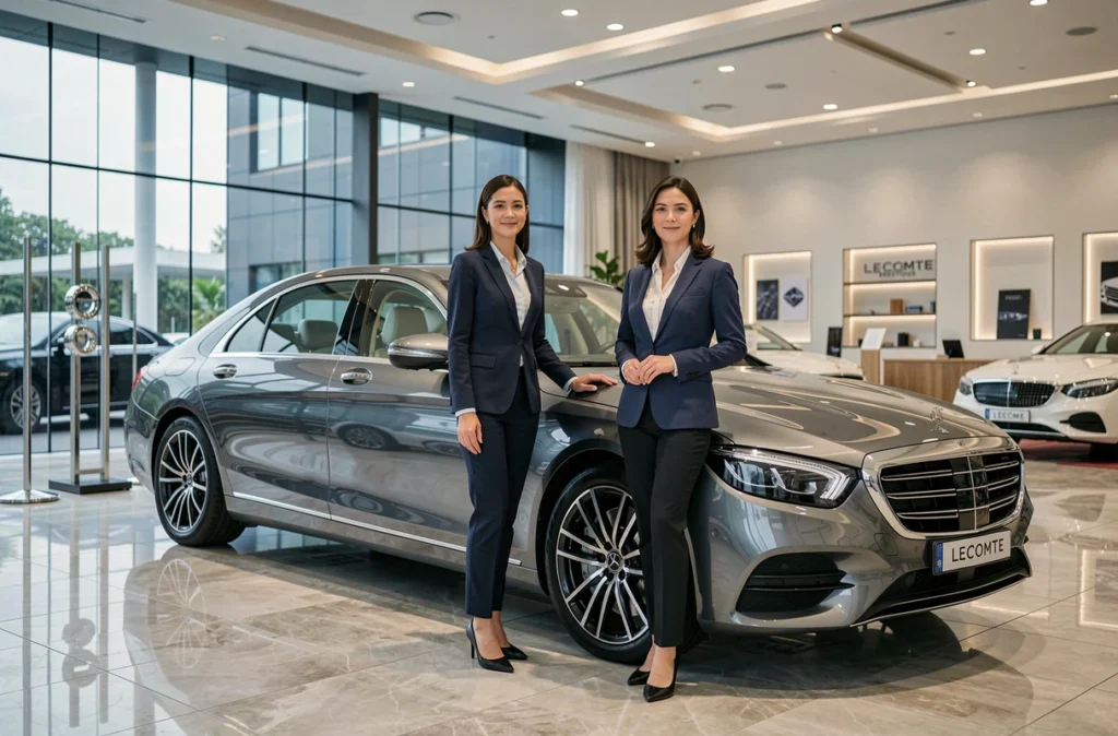 Conseillère commerciale aux côtés d'un véhicule de luxe chez Lecomte Prestige