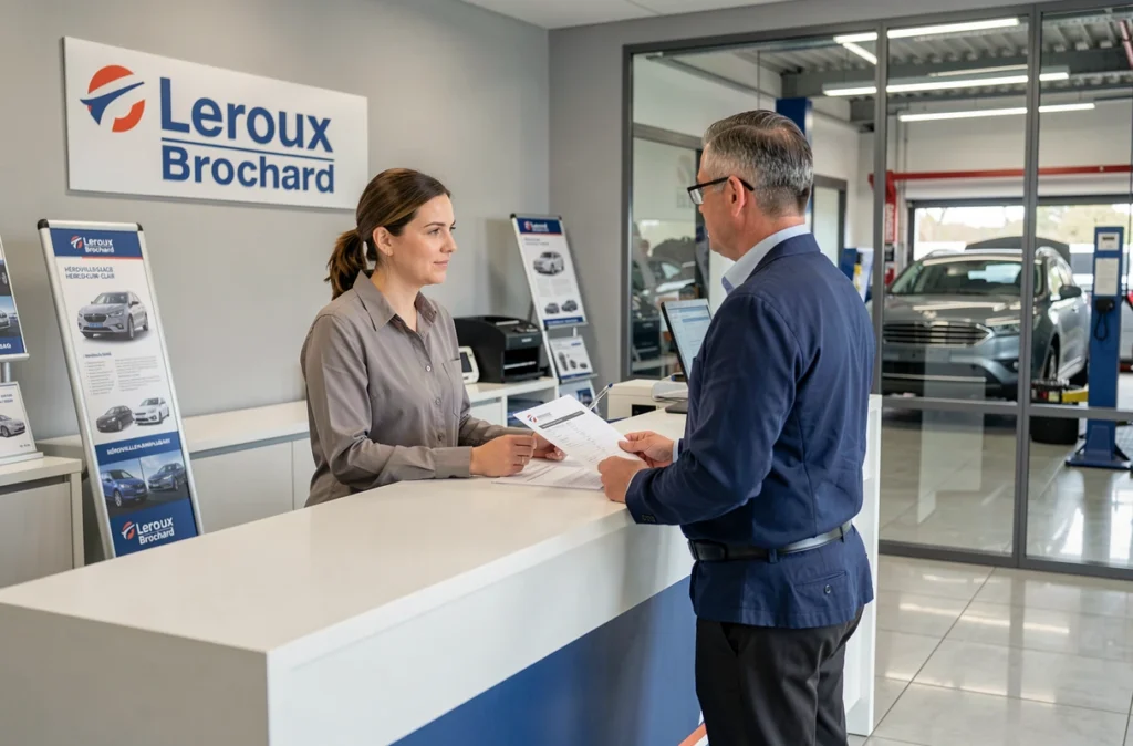 Conseillère de Leroux Brochard à Hérouville-Saint-Clair en discussion avec un client à l'accueil