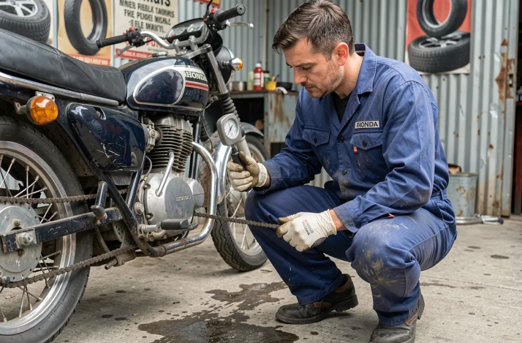 Mécanicien inspectant la chaîne de transmission d'une Honda XL 500 dans un atelier de bord de route