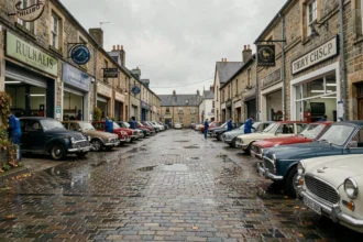 Vue panoramique d'une rue de garages automobiles en Normandie avec mécaniciens et véhicules variés