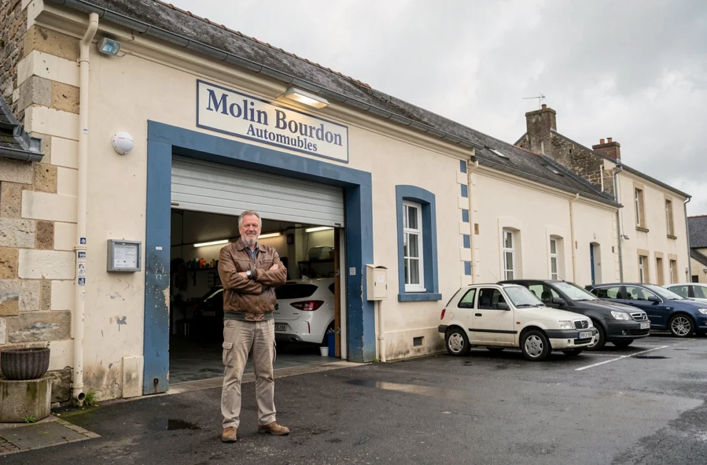 Façade du garage Molin Bourdon Automobiles avec le propriétaire devant la porte du bay principal