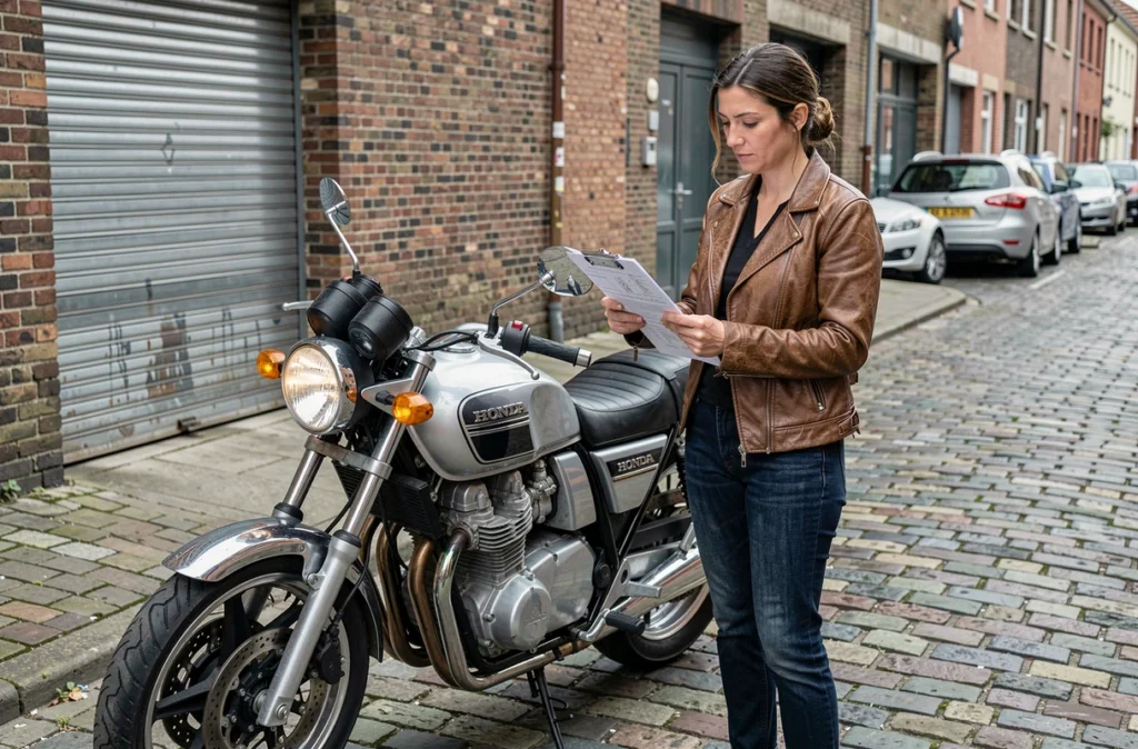 Propriétaire de Honda CB750 consultant une liste d'entretien devant un garage urbain en briques