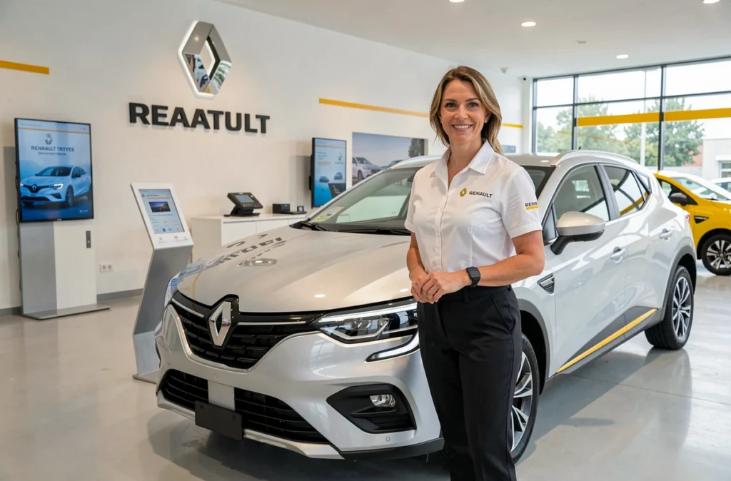 Conseillère Renault présentant un véhicule au sein du showroom Renault Star Troyes