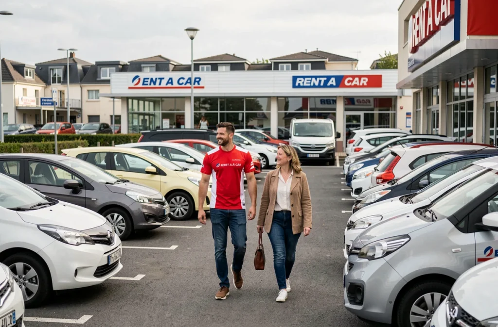 Parking de l'agence Rent A Car Saint-Etienne avec employé accompagnant une cliente parmi les véhicules disponibles