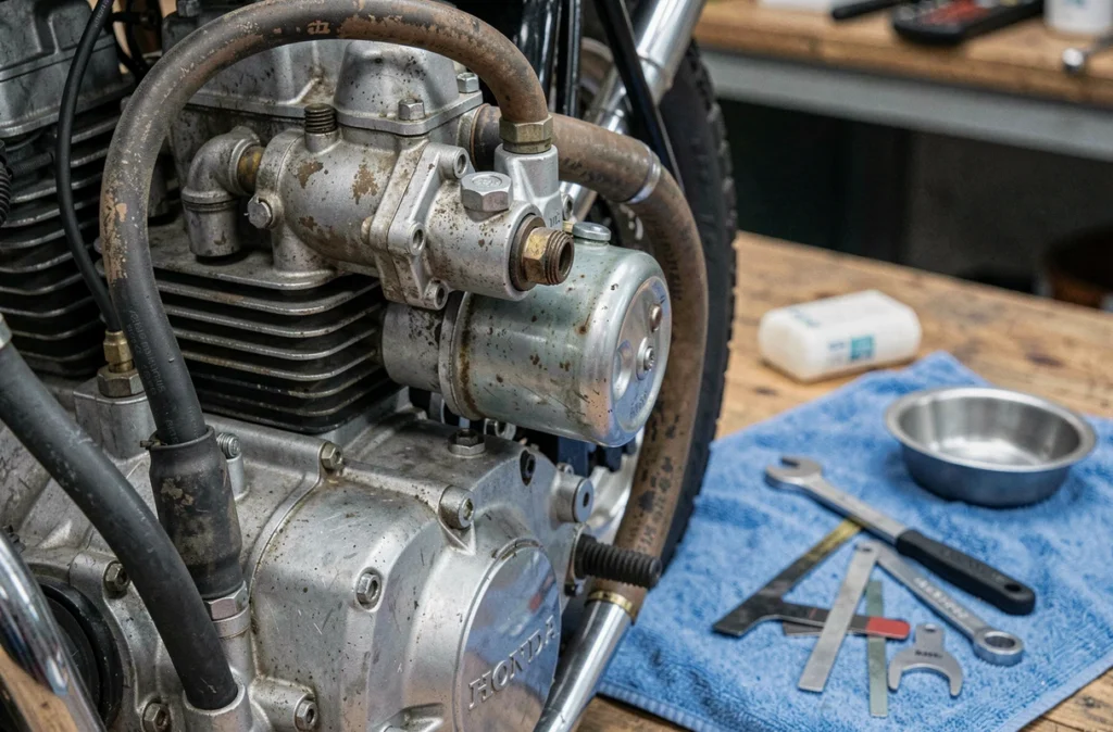 Détail des carburateurs et du filtre à huile d'une Honda CB750 lors d'une révision complète