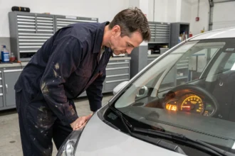 Technicien automobile examinant un voyant allumé sur le tableau de bord d'une Citroën C3 dans un atelier de mécanique