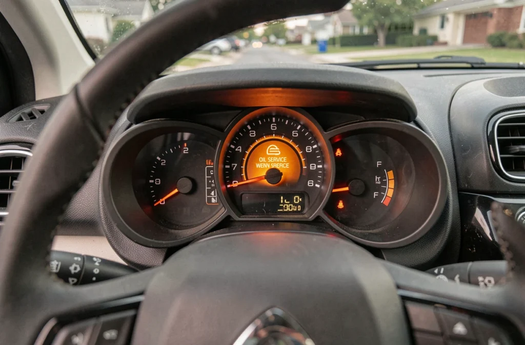 Gros plan sur le voyant de service huile allumé sur le tableau de bord d'une Citroën C3 après une vidange