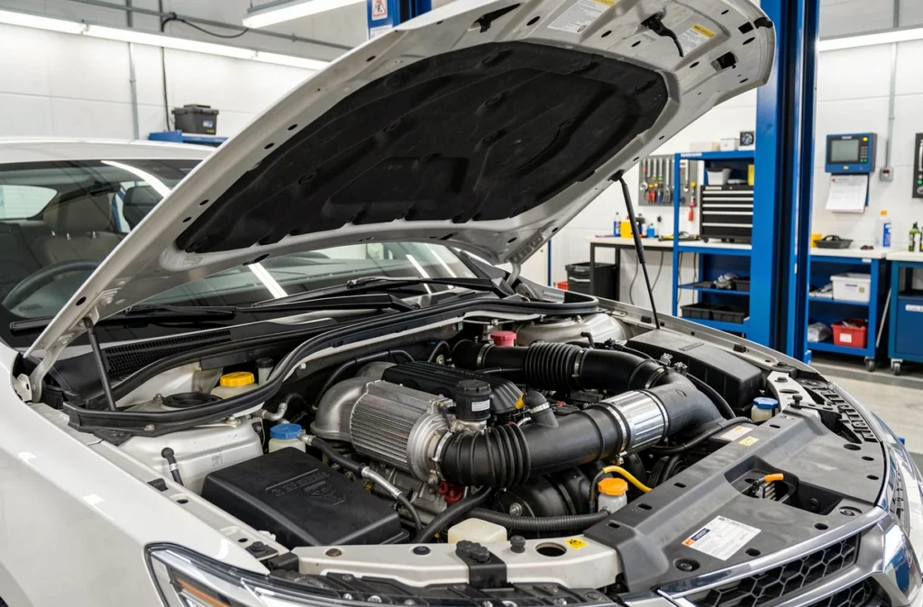 Compresseur et tuyaux du circuit de climatisation sous le capot