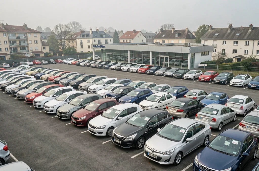 Parking d'un vendeur de voitures d'occasion dans le Val-de-Marne avec plusieurs modèles disponibles à la vente